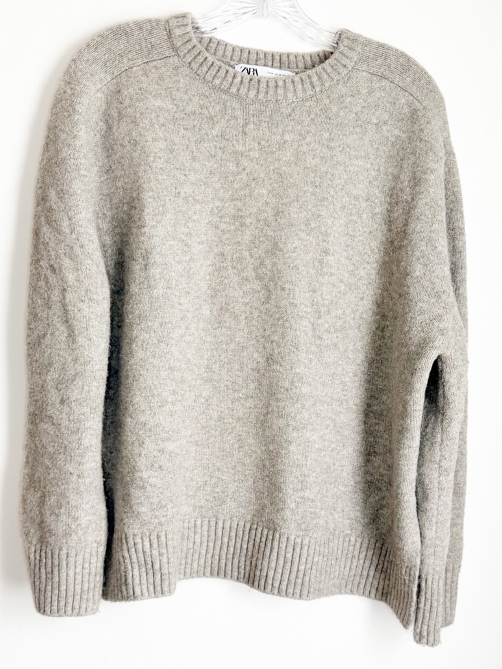 Zara Light Heather Gray Knit Crewneck Thicker Sweater with Ribbed Knit Trim